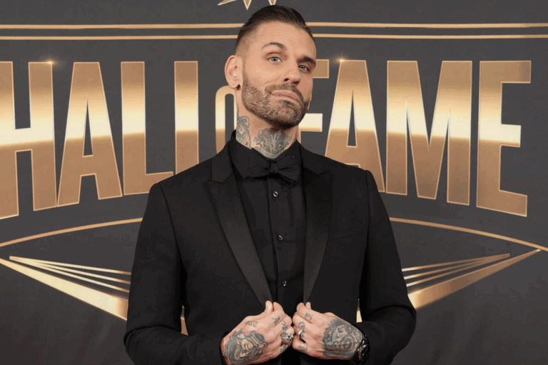 WWE Hall of Fame background with Corey Graves in front